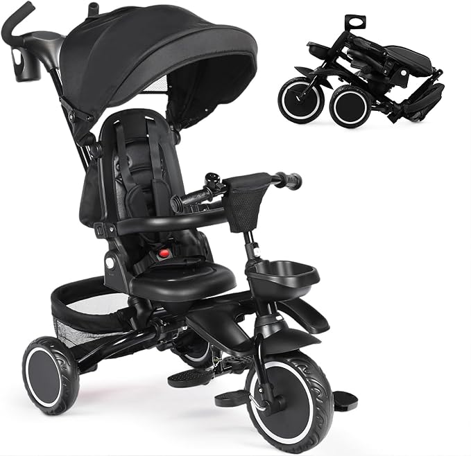 Folding Kids Tricycle, 8 in 1 Baby Trike W/Removable & Adjustable Canopy, Parent Handle, 5-Piont Safety Harness, Toddler Bike Stroller for Kids 1-6 Years, EVA Wheels, Storage Basket, Black