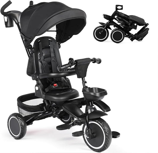 Folding Kids Tricycle, 8 in 1 Baby Trike W/Removable & Adjustable Canopy, Parent Handle, 5-Piont Safety Harness, Toddler Bike Stroller for Kids 1-6 Years, EVA Wheels, Storage Basket, Black
