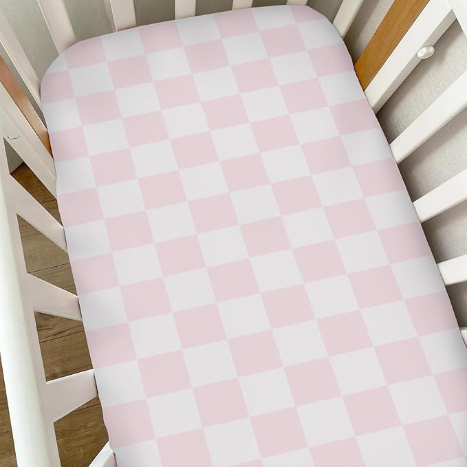 Pink and White Checkered Baby Crib Sheets for Girls Gingham Plaid Checkerboard Soft Snug Fitted Crib Mattress Covers for 52''x28'' Standard Crib & Toddler Mattress Pink Checks Nursery Bed Sheets