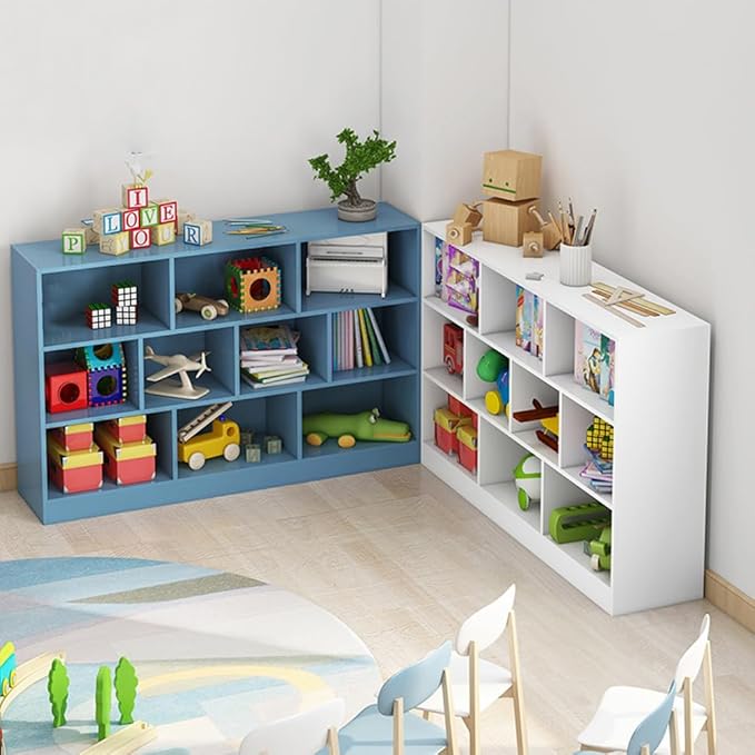 IOTXY Open Shelf Low Bookcase - Wooden 3-Tier Floor Standing Display Cabinet Organizer with Base, 10 Cubes Short Horizontal Bookshelf in Pear Yellow