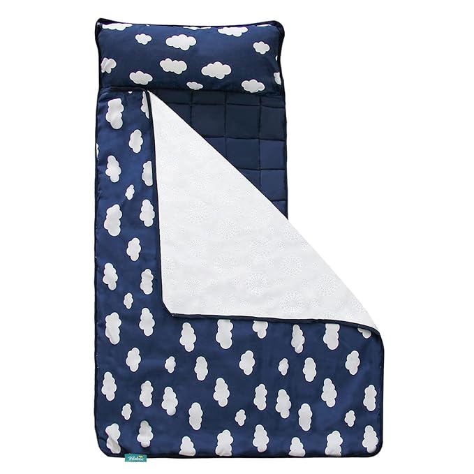 Biloban Toddler Nap Mat with Pillow and Blanket, Portable Nap Mats for Preschool Kindergarten Daycare Roll up Sleeping Bag for Kids Quilted Nap Mat, Super Soft & Cozy, Dark Blue, 50" x 21"