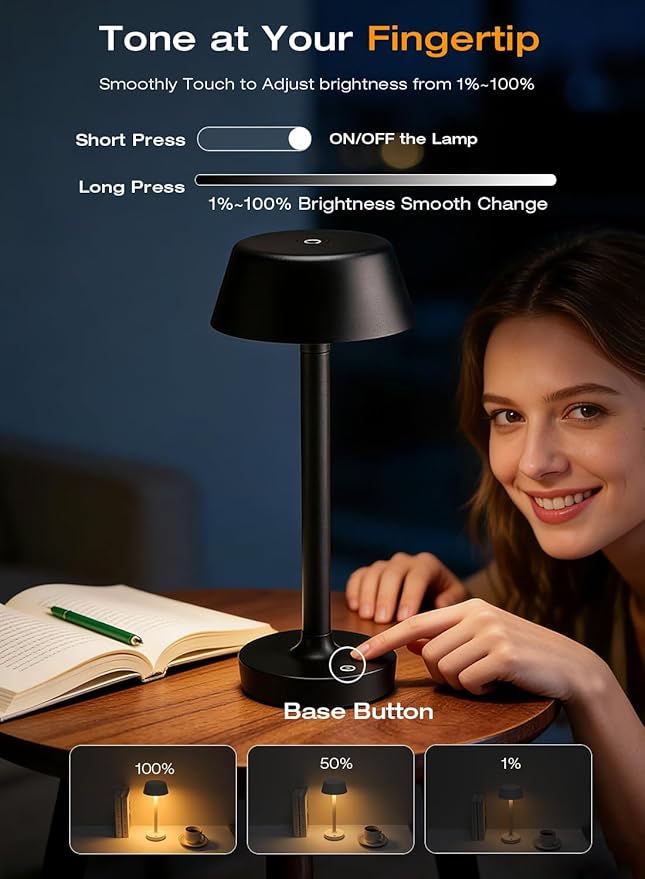 Light Worthy Cordless Rechargeable Table Lamp with Power Charger,Portable LED Desk Lamp,5000mAh Battery Operated,2700K-5700K Tunable,Stepless Dimming for Bedroom Bedside Outdoor Camping Light,Black