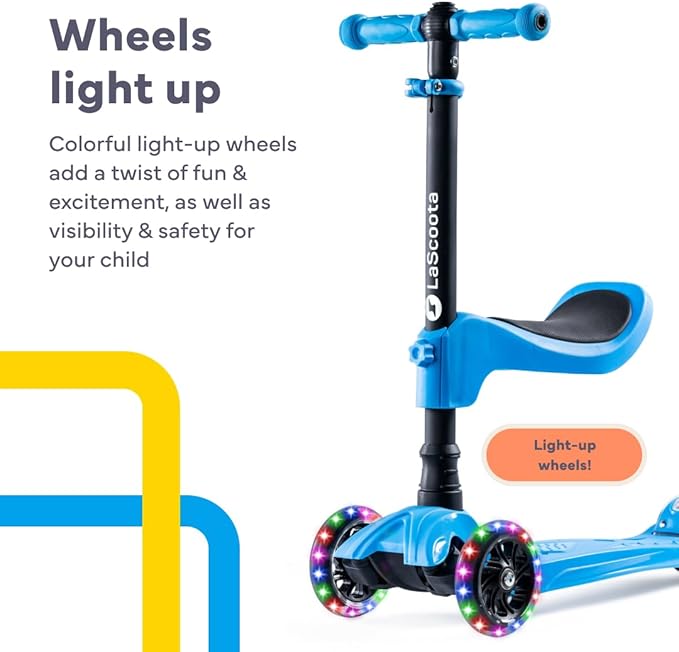LaScoota 2-in-1 Kids Kick Scooter, Adjustable Height Handlebars and Removable Seat, 3 LED Lighted Wheels and Anti-Slip Deck, for Boys & Girls Aged 3-12 and up to 100 Lbs.