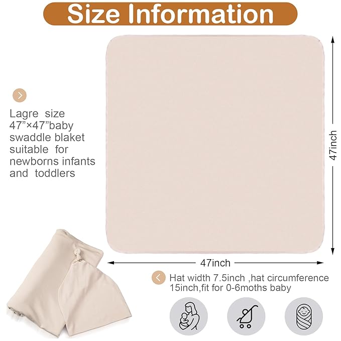JaGely 2 Pcs Stretchy Baby Swaddle Blankets Set Extra Soft 47" x 47" Baby Newborn Swaddle Blanket and Hat(Apricot, Khaki)