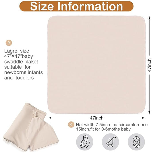 JaGely 2 Pcs Stretchy Baby Swaddle Blankets Set Extra Soft 47" x 47" Baby Newborn Swaddle Blanket and Hat(Apricot, Khaki)