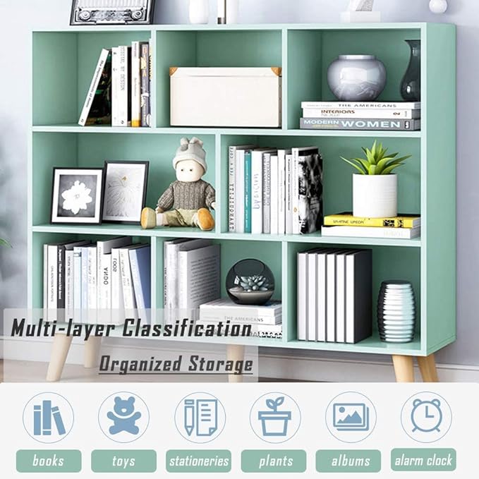 IOTXY Wooden Open Shelf Bookcase - 3-Tier Floor Standing Display Cabinet Rack with Legs, 8 Cubes Bookshelf, Tiffany-Green | Display Cabinet, Rack, with Legs, Bookshelf