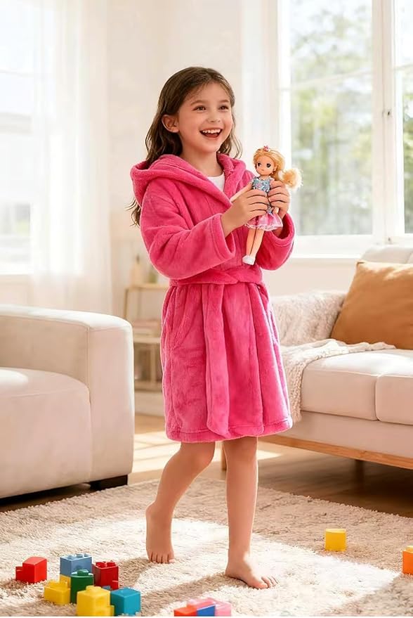 Boys Girls Robe Kids Flannel Hooded Bathrobe Sleepwear Pajamas Toddler Soft Plush Robes for Girls 2-16 Years