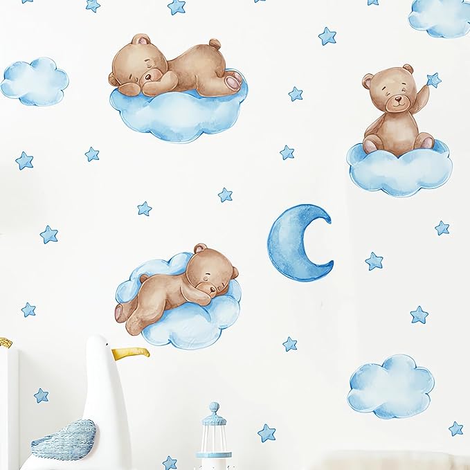 Cute Blue Sleeping Baby Bear Wall Stickers, sacinora Moon and Stars DIY Art Wall Decals Removable Vinyl Peel and Stick for Boys Kids Baby Nursery Bedroom Toddler Room Kindergarten Decorations