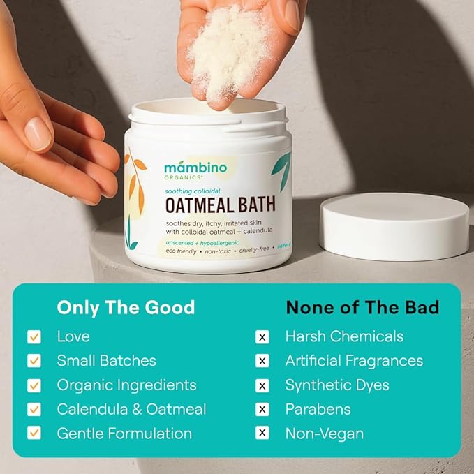 Mambino Organics Soothing Colloidal Oatmeal Bath Soak Powder, for Newborn, Kids, Moms with Dry, Sensitive Skin, Unscented Baby Wash with Calendula for Baby Bath, Vegan, Non-GMO, 6oz
