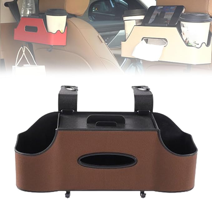 3-in-1 Car Backseat Organizer, Multifunctional Car Back Seat Storage, Car Backseat Storage Box with Drink Cup Holder Tissue Box, for Hold Phone,Snacks, Drinks, Handbag (BROWN)