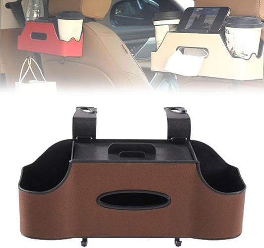 3-in-1 Car Backseat Organizer, Multifunctional Car Back Seat Storage, Car Backseat Storage Box with Drink Cup Holder Tissue Box, for Hold Phone,Snacks, Drinks, Handbag (BROWN)