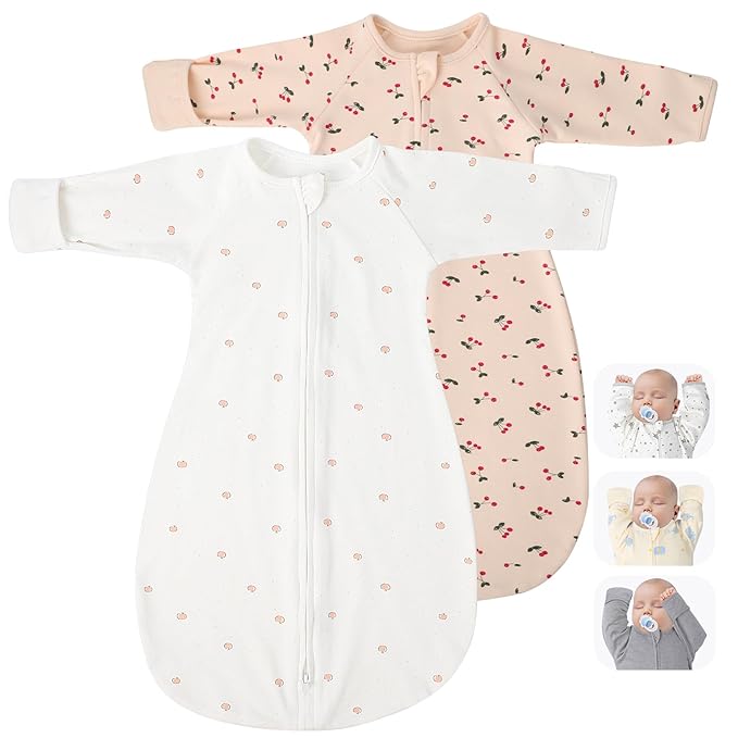 2 Pack Transitional Swaddle Sack with Arms Up Length Sleeves & Mitten Cuffs, Sleeping Sack Bag 2 Ways Zipper, Wearable Swaddling Blanket for Newborns Baby Snug Fit Calms Startle Reflex