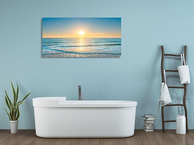 KUNHAAH Wall Art Canvas Painting Blue Sea Beautiful Seascape 1 Piece Ocean Sunset Waves Picture Poster Print Framed Ready to Hang for Living Room Bedroom Artework 71x36inch