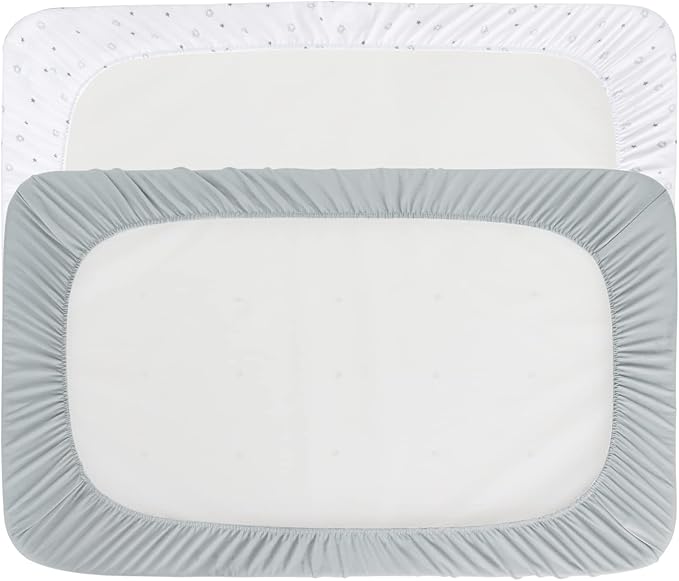 Pack and Play Sheets Fitted- Fit for Pamo Babe, Baby Trend, Graco, ADOVEL, Dream On Me and Other 25" x 36" Playard Mattress Cover, Ultra Soft & Stretchy Playpen Sheets, Grey & White Star, 2 Pack