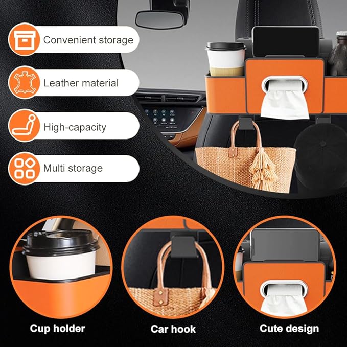 Multifunctional Car Seat Back Storage Box, 2026 New 3-in-1 Back Seat Car Organizer with Cup Holder Tissue Box Headrest Hook, Car Backseat Organizer for Hold Phone, Snacks, Drinks, Handbags (Brown)