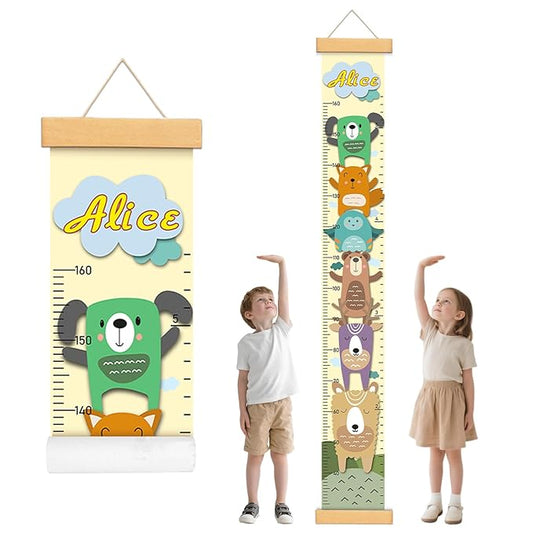 Personalized Name Height Chart for Kids, Animal Canvas Height Measurement for Wall Removable，Waterproof Growth Chart for Boys Girls, Playroom Wall Decor
