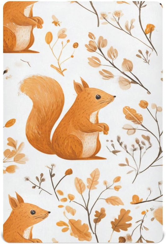 Orange Squirrels and Autumn Leaves Crib Sheets Standard Crib Toddler Mattresses Cover Fitted Baby Bed Sheet Breathable Crib Mattress Sheet for Girls Boys 52" x 28"x5''