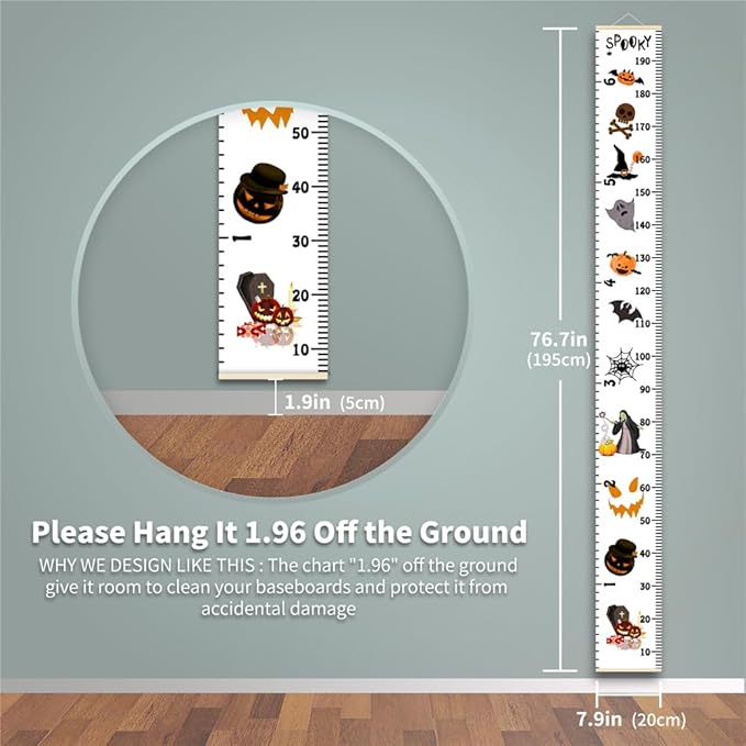 Halloween Baby Height Growth Chart - Canvas Height Chart for Kids Baby Child Toddler Boys Girls Growth Chart for Wall Room Nursery Decor Hangable and Removable Measuring Wall Ruler (B, Black Wood)