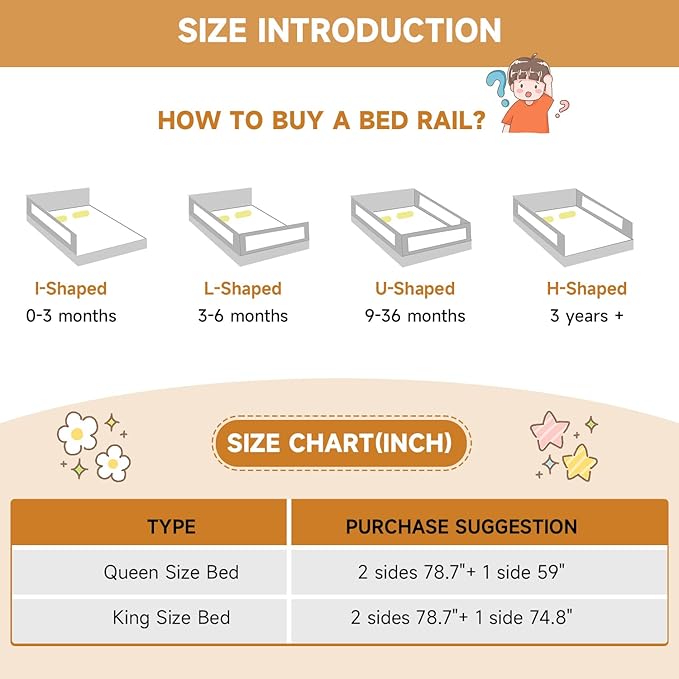 Bed Rail for Toddlers, Foldable Bed Rails Quick Assembly, Height Adjustable Bed Rail Guard with Steady U-Shape Base for Toddlers, Baby, Kids (1, 1 Side 74.8'')