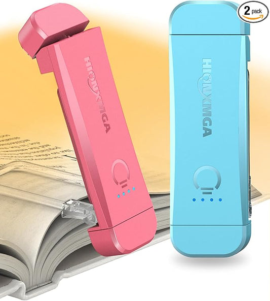 HIONXMGA Book Reading Light,2 Pack Silent Touch Books Lamp for Reading in Bed,Rechargeable Clip on Booklight with 3 Amber Color & 7 LEDs Precise Dimming for Night Reading for Book Lovers,Kid,Pink+Blue