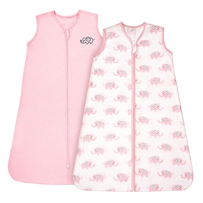 TILLYOU 2 Pack Infant Sleep Sack 0-6 Months 100% Cotton Wearable Blanket 0.5 TOG Sleeveless Summer Sleep Sacks with 2-Way Zipper, Pink Elephant