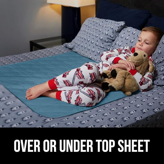 GORILLA GRIP Washable Toddler Mattress Incontinence Pads, Waterproof Bed Underpads, Absorbent Leak Proof, 34x36+19in Wings, 2 Pack Slip Resistant Pad Absorbs 8 Cups for Bedwetting Adults Kids, Blue