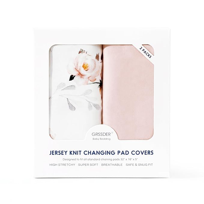 GRSSDER Stretch Ultra Soft Jersey Knit Changing Pad Cover Set 2 Pack, Change Table Pad Covers Fit 32"/34" x 16" Pads Safe and Snug, Pink Rose Print
