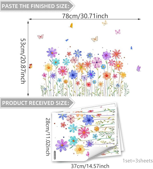 3 Pieces Colorful Flowers Wall Decals Vinyl Colorful Flowers Wall Stickers Removable Floral Art Murals Peel and Stick Colorful Decor for Girls Bedroom Living Room Nursery