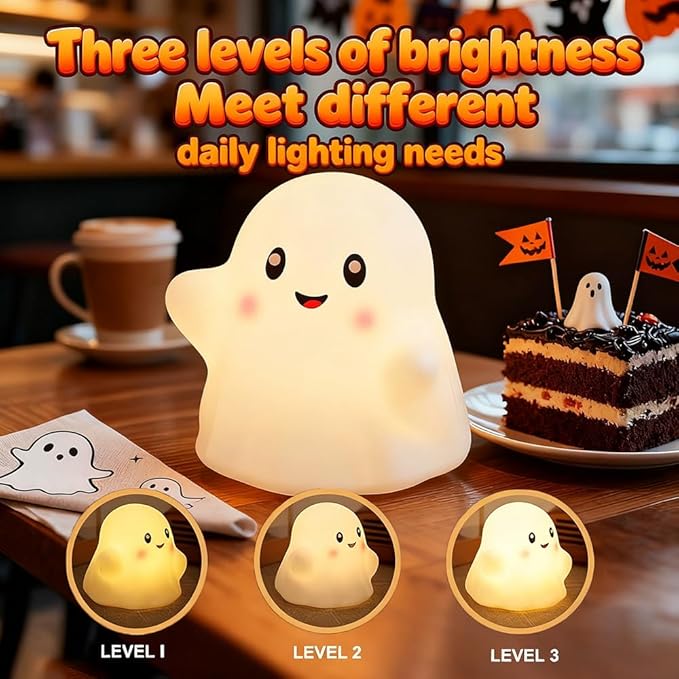 Ghost Night Light for Kids, Silicone Nursery Nightlight with 13 Interactive Sound Effects ,Halloween Decor Lamp Adjustable Dimmable Lamp with Touch Sensor Children's Christmas Gifts (white ghost）