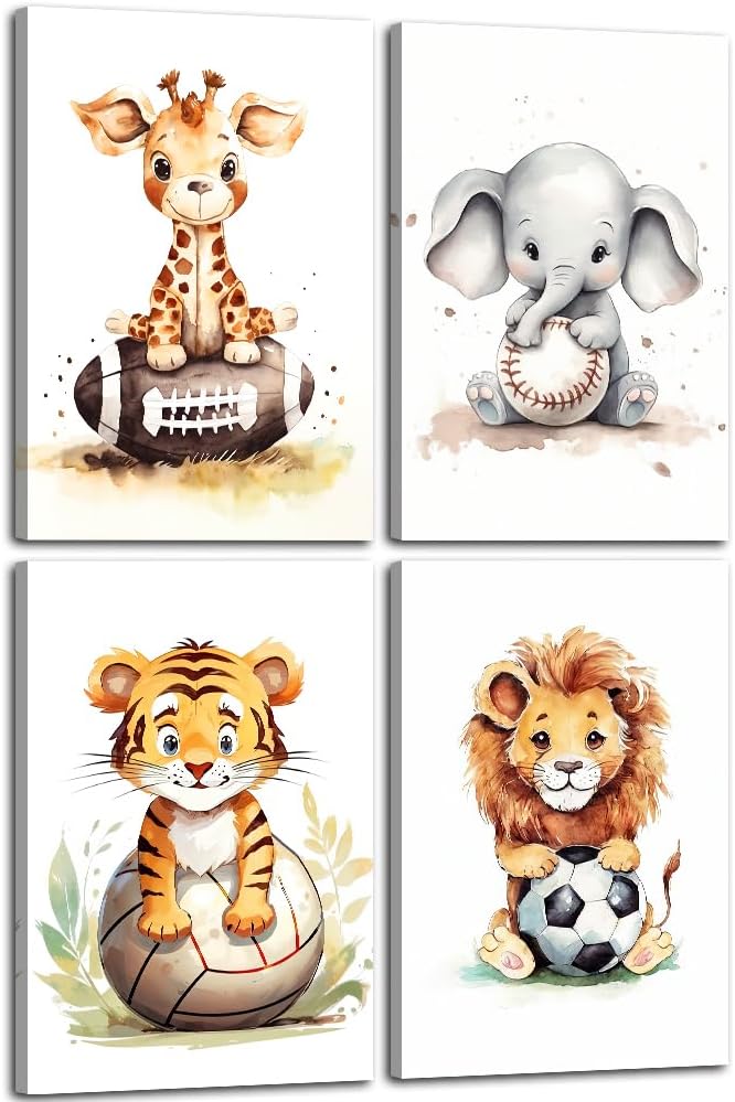 Nursery Animal Wall Art 4 Piece Cute Giraffe Elephant Tiger Lion Canvas Prints Sport Animals Paintings Watercolor Pictures for Kids Room Nursery Decor Frame(Animal-2,20.00" x 30.00" x 4Pcs)