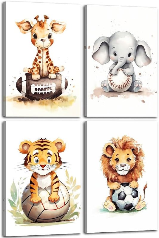 Nursery Animal Wall Art 4 Piece Cute Giraffe Elephant Tiger Lion Canvas Prints Sport Animals Paintings Watercolor Pictures for Kids Room Nursery Decor Frame(Animal-3,12.00" x 16.00" x 4Pcs)
