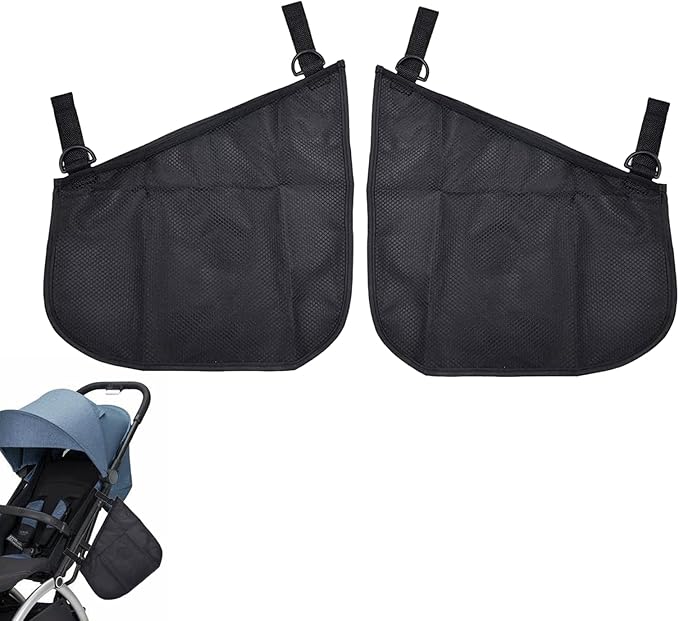 Alovexiong 2 Pack Universal Stroller Organizer Bag, Side Sling Cargo Stroller Net, Non-Slip and Adjustable Straps Storage Mesh Bag for Baby Accessories, Mesh Cargo Net for Stroller Storage - Black