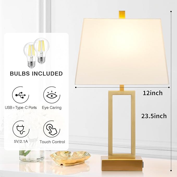 Lolikit 23.5" Touch Control Table Lamps, Metal Bedside Lamp for Bedroom Set of 2 with USB A+C Ports & AC Outlet, 3-Way Dimmable Nightstand Lamp for Living Room (LED Bulb Included)