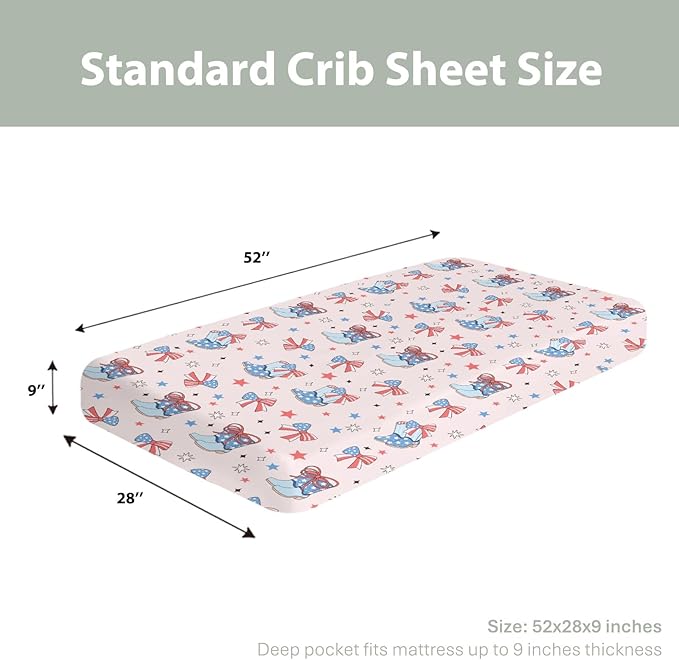 Pink July 4th Cowgirls Baby Crib Sheets for Girl 52x28Inch Western Cowboy Boots American Flag Bows Stars Soft Snug Fitted Crib Mattress Cover Patriotic Baby Sheet for Standard Crib & Toddler Mattress