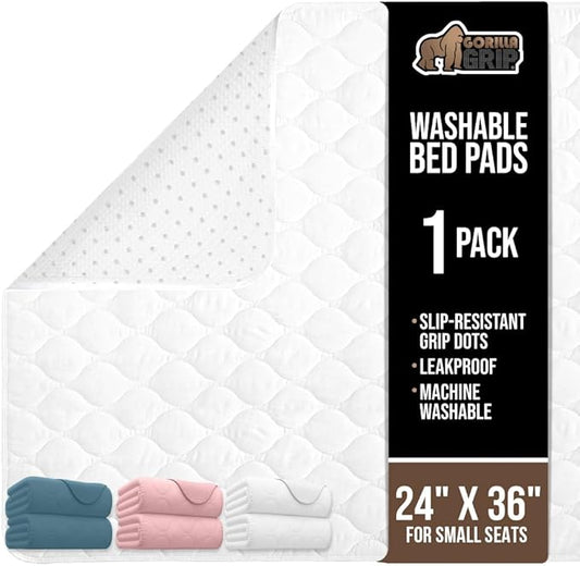 GORILLA GRIP Washable Underpads, Waterproof Reusable Heavy Absorbency Incontinence Bed Pads, Leak Proof Toddler Mattress Pad, 24x36 Slip Resistant Protector for Bedwetting, Adults and Kids, White