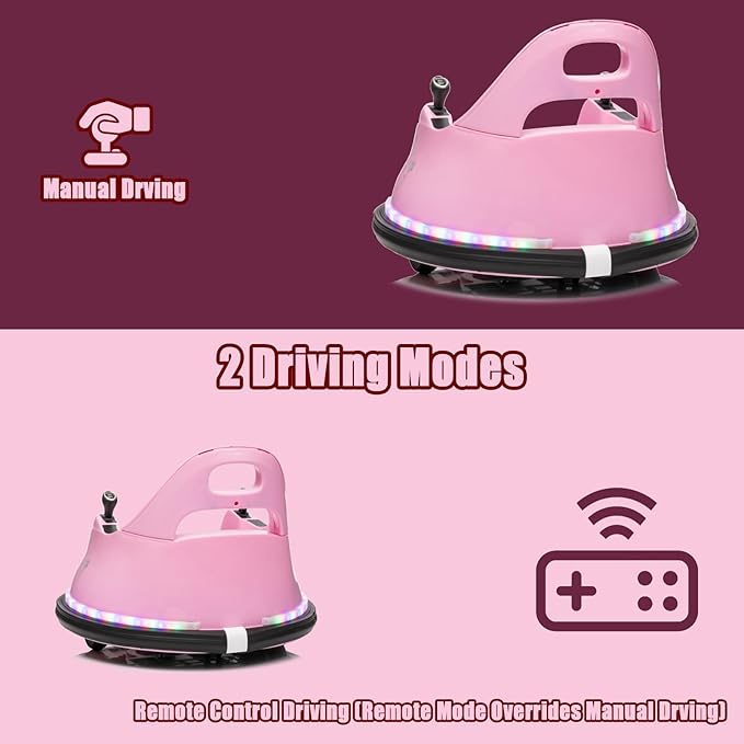 FINITO 12V Ride On Electric Bumper Car for Toddlers with Remote Control, 360 Degree Spin, LED Lights, Music, Safety Belt for Age 3+ Years Kids, Gift for Boys and Girls, Pink