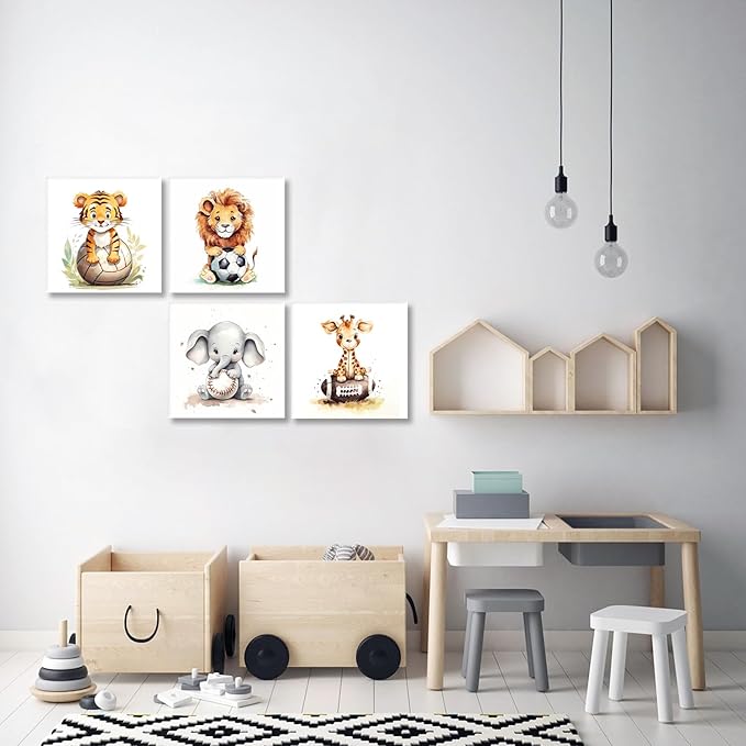 GLOKAKA Set of 4 Jungle Animals Wall Art Watercolor Cute Animals with Baseball Football Volleyball Rugby Kids Boy Sports Wall Decor Painting Print Nursery Decor Artwork