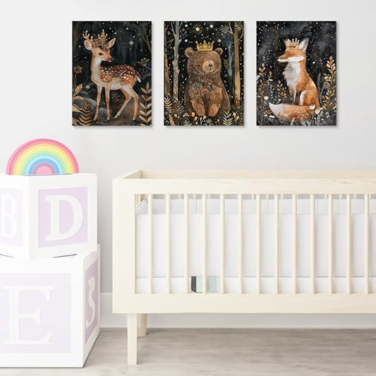Enchanted Forest Animal Nursery Decor, Set of 3 Canvas Prints, Royal Deer, Crowned Bear, Majestic Fox, Wild Night Forest Nursery Wall Art Decor, Baby Boy Girl Kid Room Decor, Framed 16"x24"