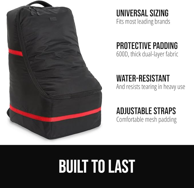 GORILLA GRIP Tear and Water Resistant Padded Car Seat Travel Bag for Airplane and Airport, Universal Fit Baby Carseat Bags, Handle & Shoulder Straps, Air Gate Check Toddler Stroller Carrier, Red
