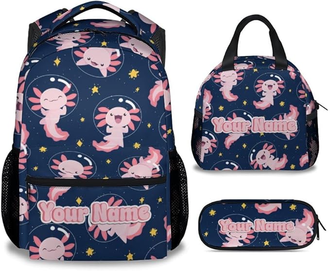COZYAURA Custom Kids Backpack for Girls - Large Capacity School Bags with Lunch Bag Pencil Pouch Set - Cute Axolotl Bookbag for Elementary Middle School & Travel - Kid School Supplies