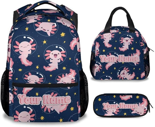 COZYAURA Custom Kids Backpack for Girls - Large Capacity School Bags with Lunch Bag Pencil Pouch Set - Cute Axolotl Bookbag for Elementary Middle School & Travel - Kid School Supplies
