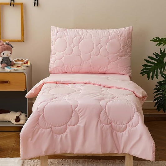 CLOTHKNOW 4 Pieces Pink Toddler Bedding Sets for Grils, Daisy Puff Pattern, Soft Crib Bed Set Including Comforter, Flat Sheet, Fitted Sheet and Pillowcase