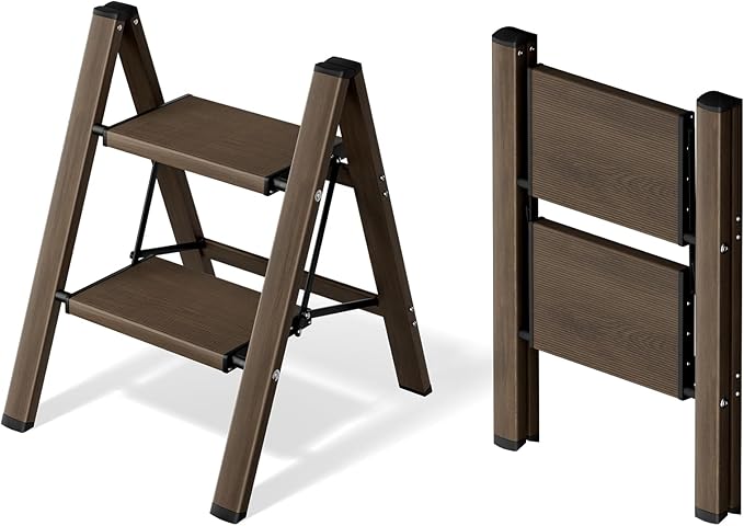 Mayi Plus 2 Step Ladder,Aluminum Folding Step Stool for Adults,Step Ladder with Wide Anti-Slip Pedal,330 lbs Capacity for Home,Office,Kitchen,Library(Walnut)
