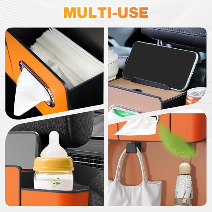 ANYSENT 3-in-1 Car Backseat Organizer with Cup Holder, Tissue Box, Trash Bin & Hooks,Multifunctional Back Seat Car Organizer for Hold Phones, Snacks, Drinks, and Handbags (Brown)