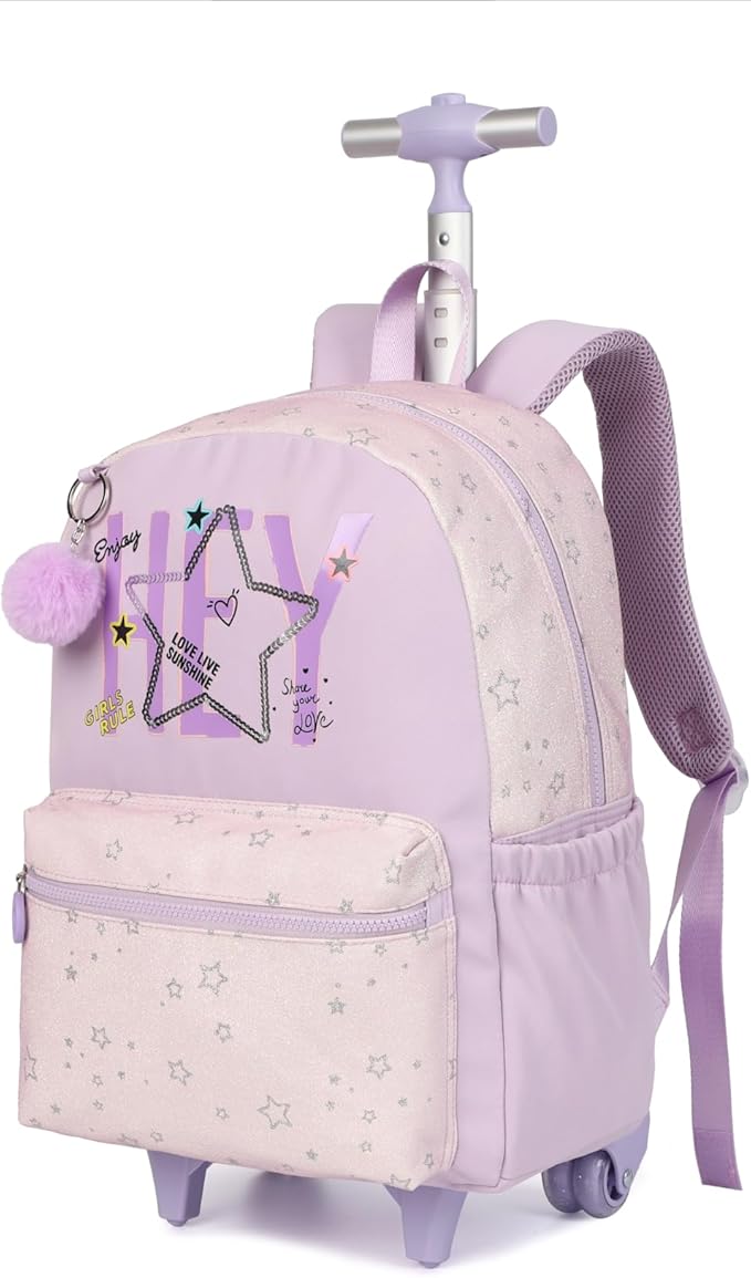 kingdisen Kids Backpack for Girls Luggage School Trolley Bag with Lunch Box 3pc Set (HEY PURPLE)