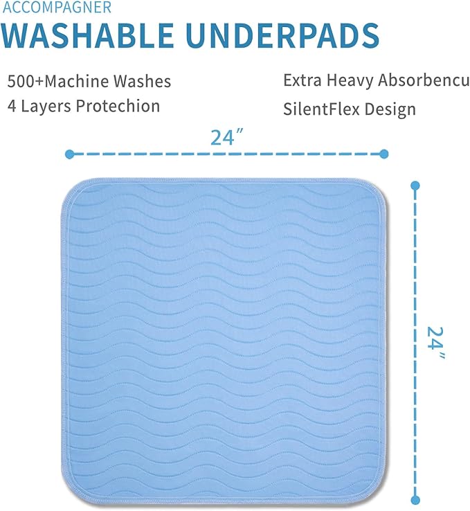 Accompagner Waterproof Reusable for Adults and Pets Washable Pee Pads for Dogs Changing Pad Large Dog Bed Size Adults Incontinence Bed Pads - Non-Slip Leak-Proof (Blue, 4Pack-24" x24")
