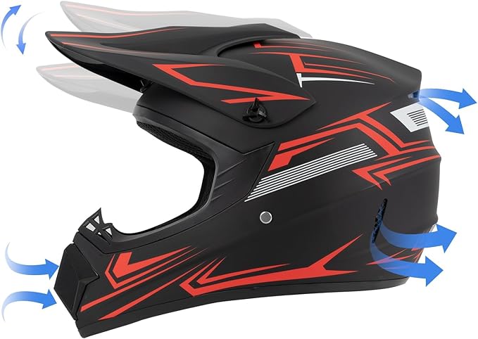 Youth Kids Dirt Bike Motocross Helmet (Goggles Gloves Face Mask) 4PCS Set, DOT Approved Boys Girls Full Face Motorcycle Helmets, ATV BMX MX Mountain Bike Off Road Kid Helmet (Red, M)