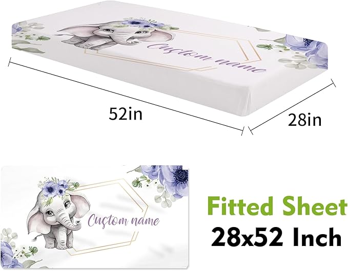 2-Piece Personalized Crib Bedding Set for Girls Boys, Including Double Layer Blanket, Crib Sheet, Infant Elephant Theme Set with Custom Name, Cozy and Durable Crib Set