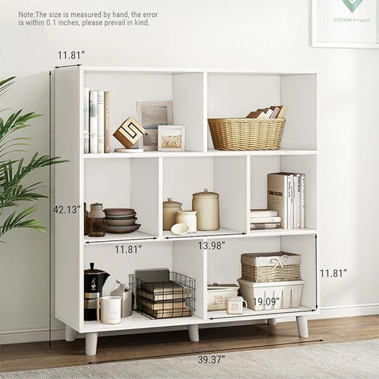 IOTXY Open Cube Low Bookcase - 3-Tier Freestanding Storage Display Cabinet Organizer with Legs for Home Office, 7-Cubes Open Shelf Short Bookshelf, White