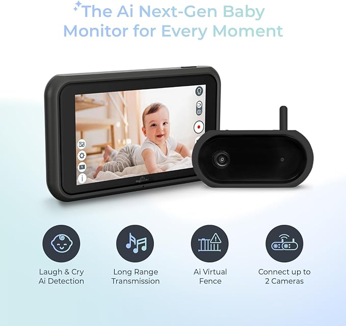 Tiny Traveler Ai Smart Wireless Baby Car Monitor (TT006B) - AI-Powered Safety Alerts: Cry/Laugh/Stand Detection, Virtual Fense, Long Range 1000ft Night Vision Lullabies Night Light - Black
